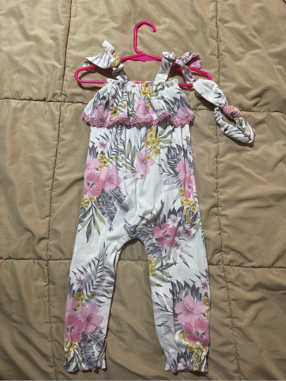 Girls Jessica Simpson Pink Floral Jersey Romper with Headband